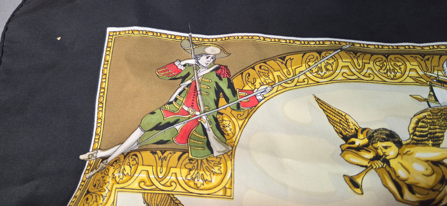 Carré Hermès en twill de soie intitulé "Les Armées en Campagne "