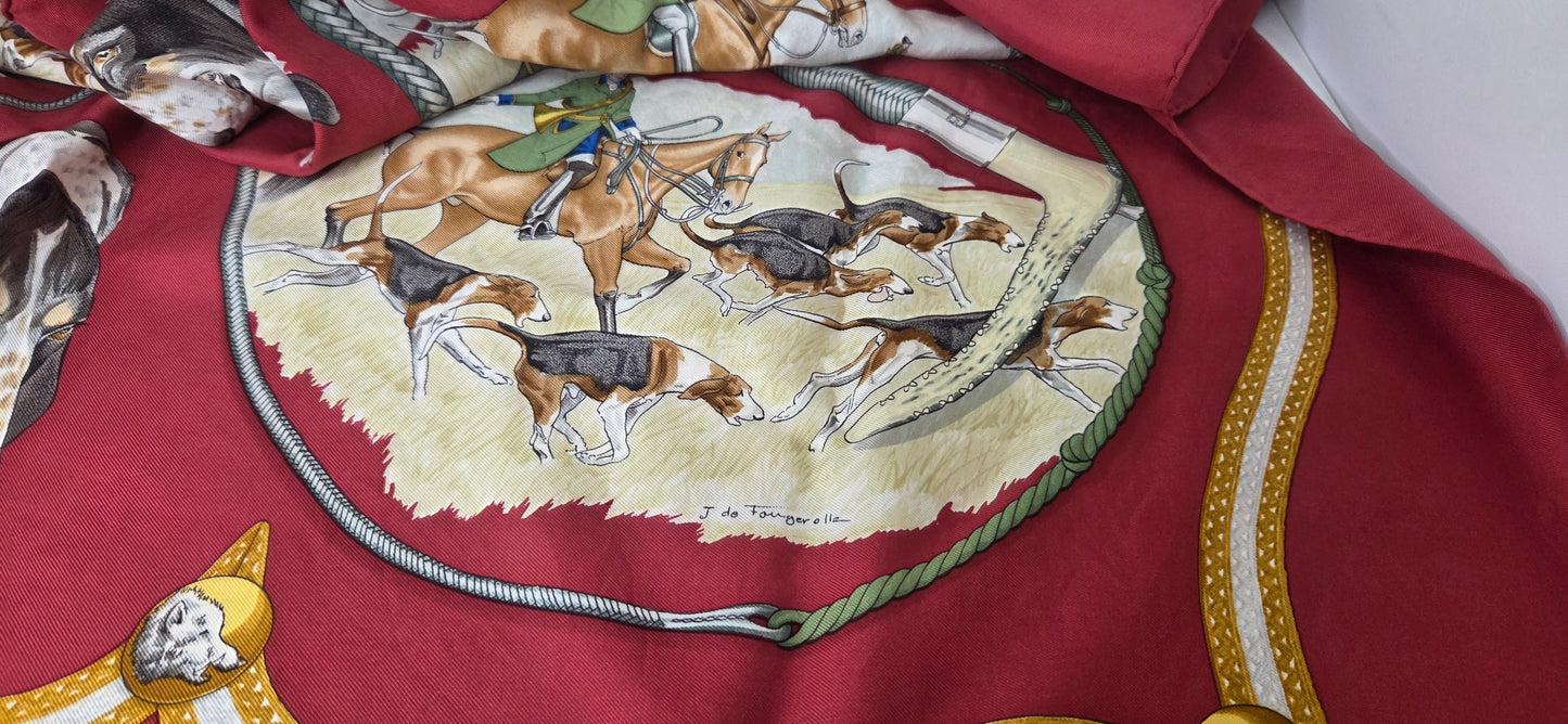 Carré Hermès en twill de soie "Le Laisser Courre "
