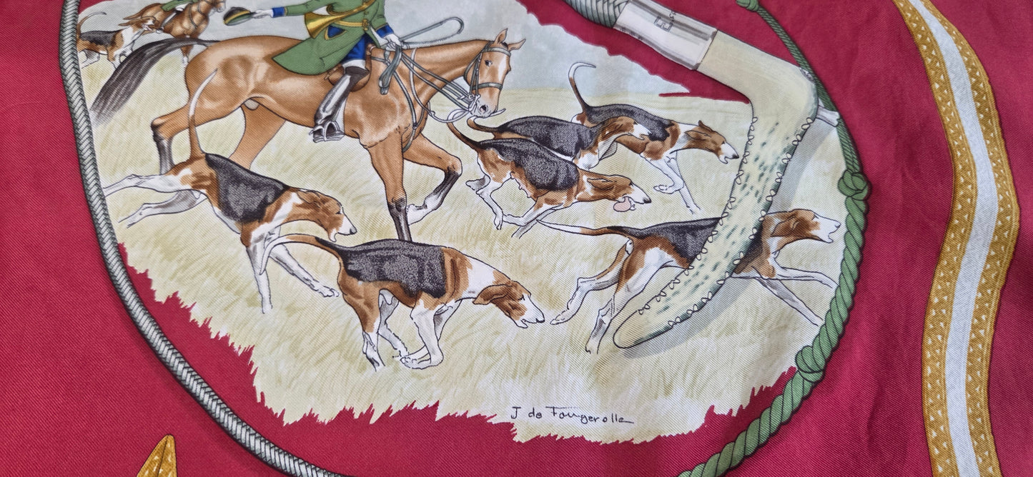 Carré Hermès en twill de soie "Le Laisser Courre "