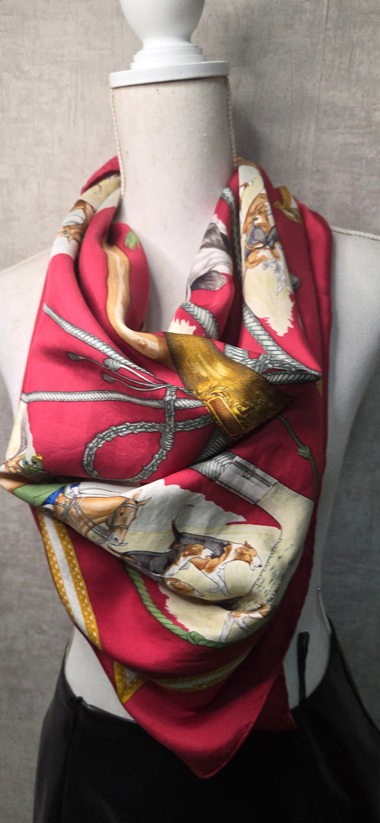 Carré Hermès en twill de soie "Le Laisser Courre "