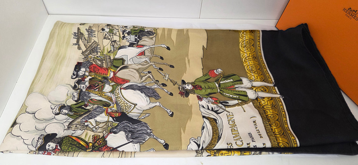 Carré Hermès en twill de soie intitulé "Les Armées en Campagne "