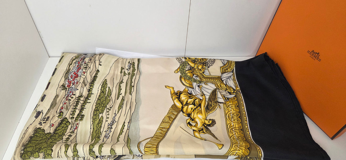 Carré Hermès en twill de soie intitulé "Les Armées en Campagne "