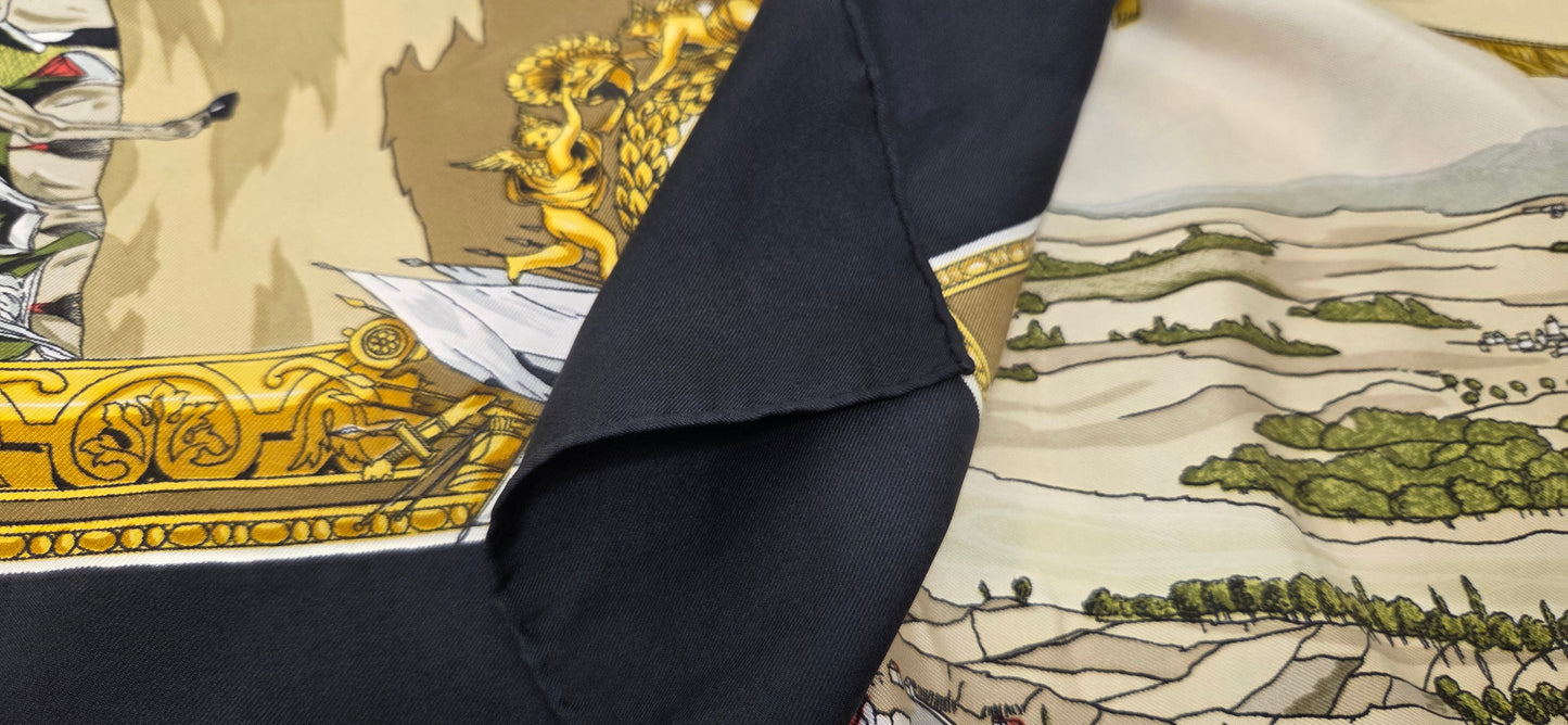Carré Hermès en twill de soie intitulé "Les Armées en Campagne "