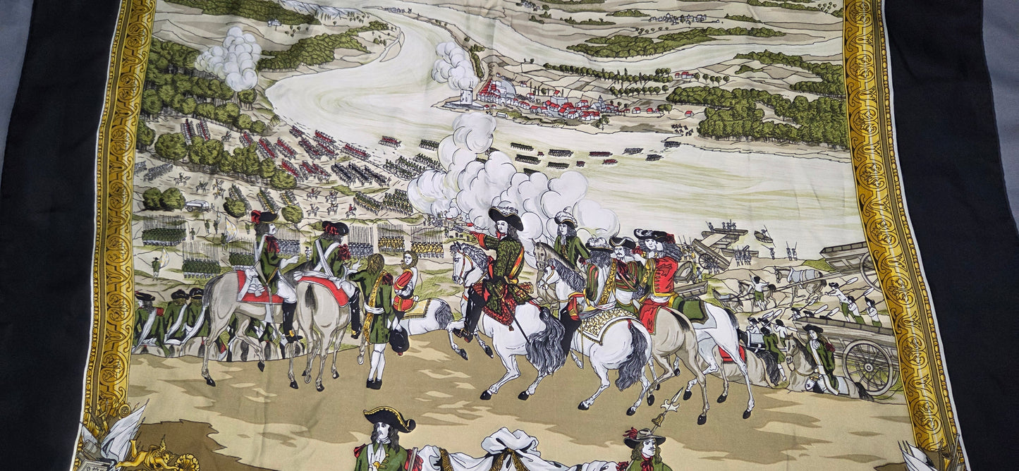 Carré Hermès en twill de soie intitulé "Les Armées en Campagne "