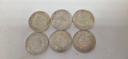 Lot of six original French silver coins — 10 Francs “Hercule” design.