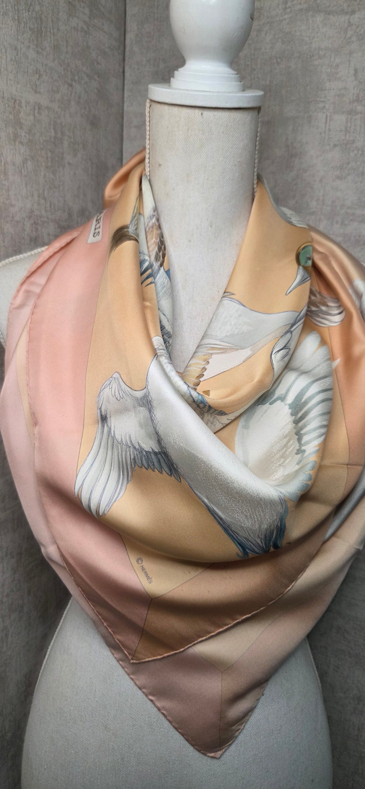 Carré Hermès en twill de soie intitulé "Sauvagine en Vol"