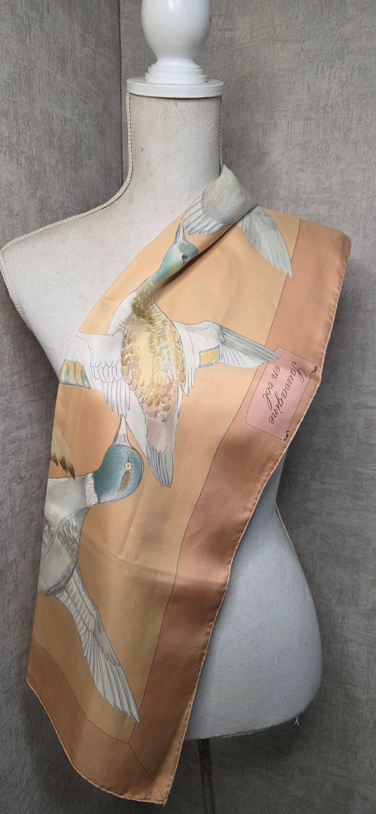 Carré Hermès en twill de soie intitulé "Sauvagine en Vol"